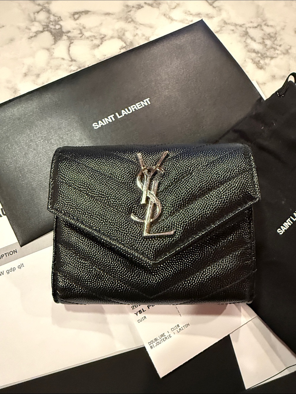 Saint Laurent Black Quilted Leather Tri Fold Wallet with YSL Logo